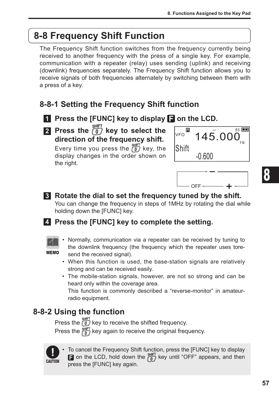 8 frequency shift function, Shift -0.600, 8-1 setting the frequency shift function | 8-2 using the function | Alinco DJ-X11 User Manual | Page 57 / 113
