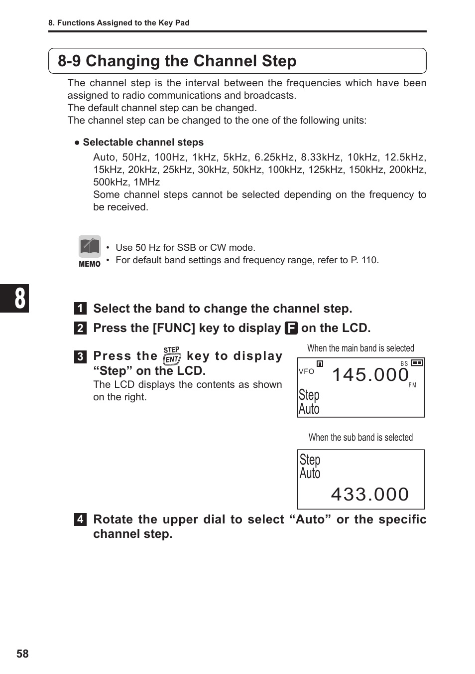 9 changing the channel step, Step auto | Alinco DJ-X11 User Manual | Page 58 / 113