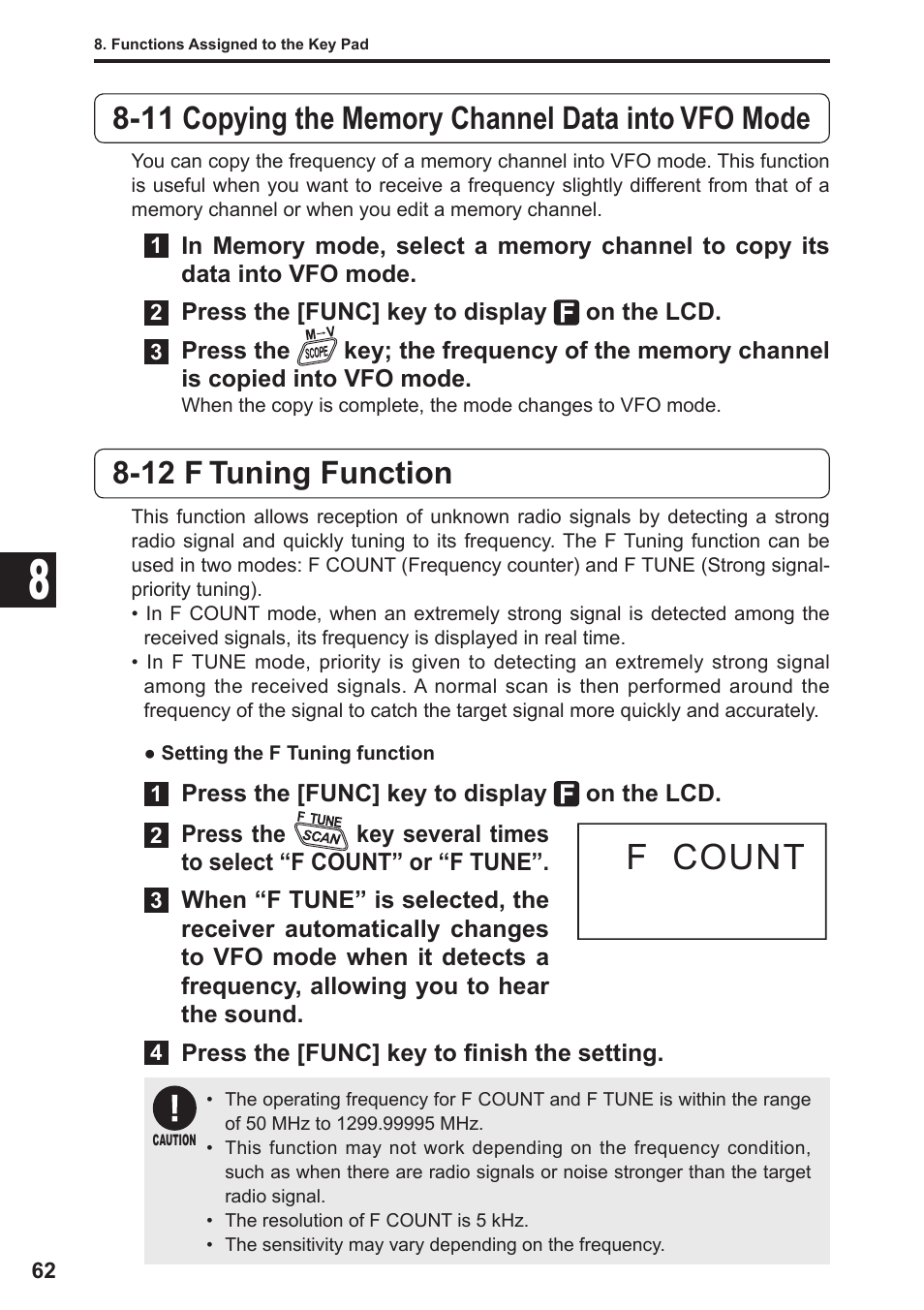 F count, 12 f tuning function | Alinco DJ-X11 User Manual | Page 62 / 113