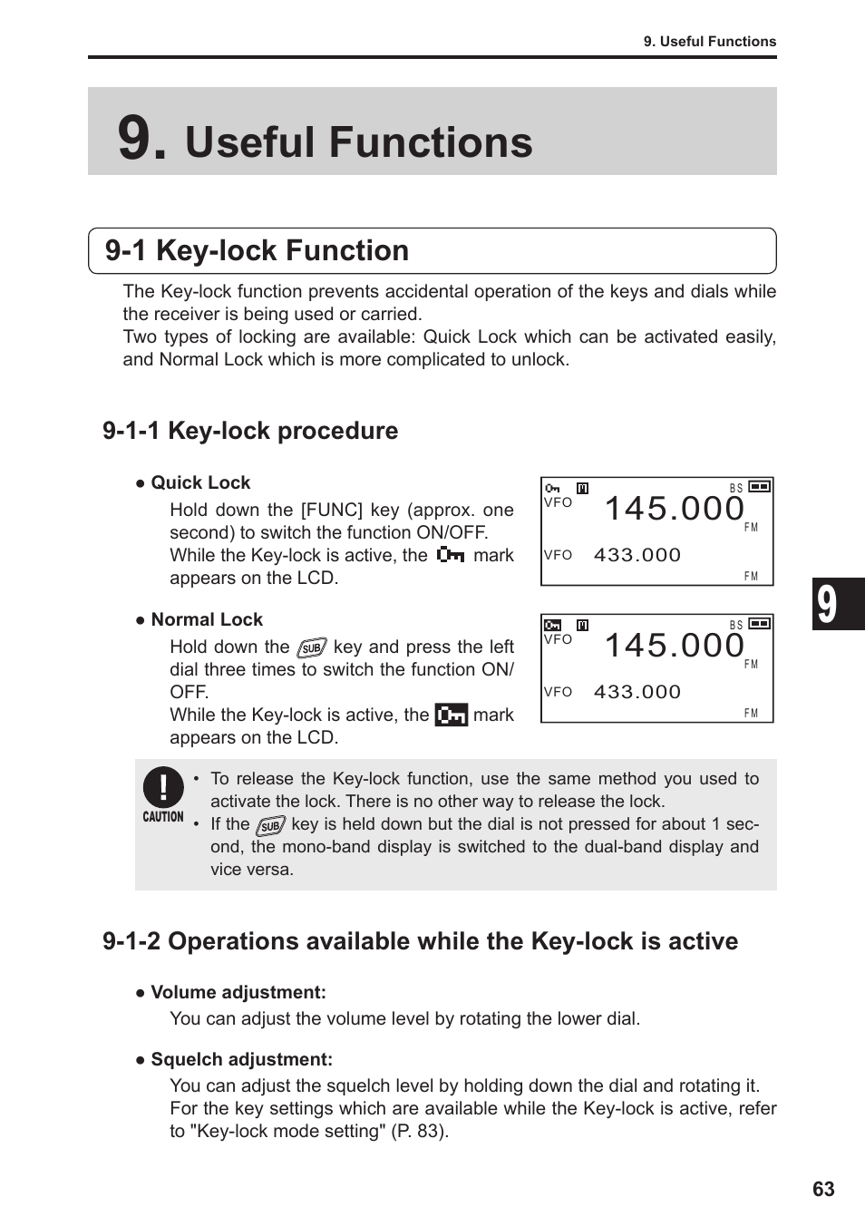 Useful functions, 1 key-lock function, 1-1 key-lock procedure | Alinco DJ-X11 User Manual | Page 63 / 113