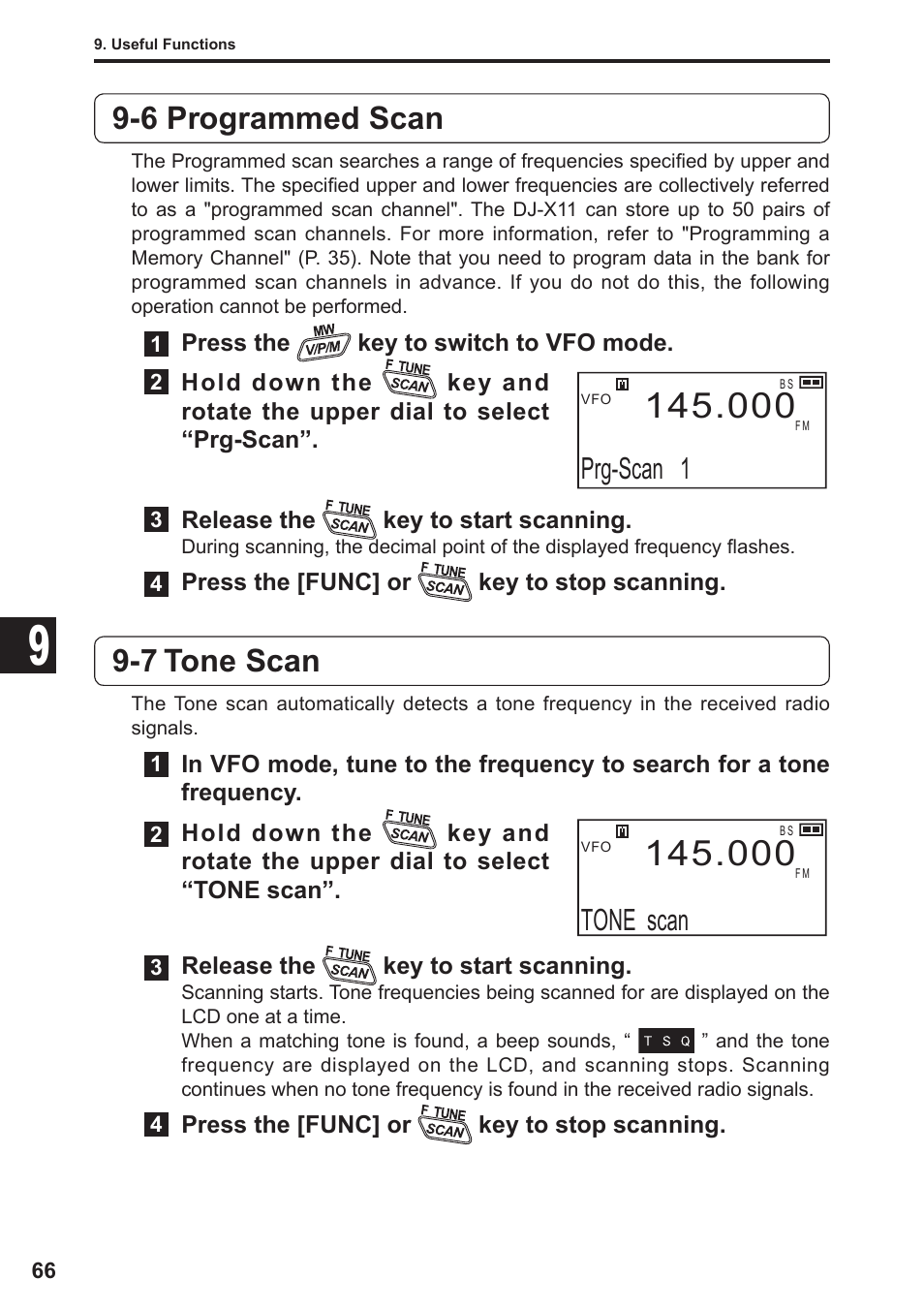 6 programmed scan, 7 tone scan, Prg-scan 1 | Tone scan | Alinco DJ-X11 User Manual | Page 66 / 113