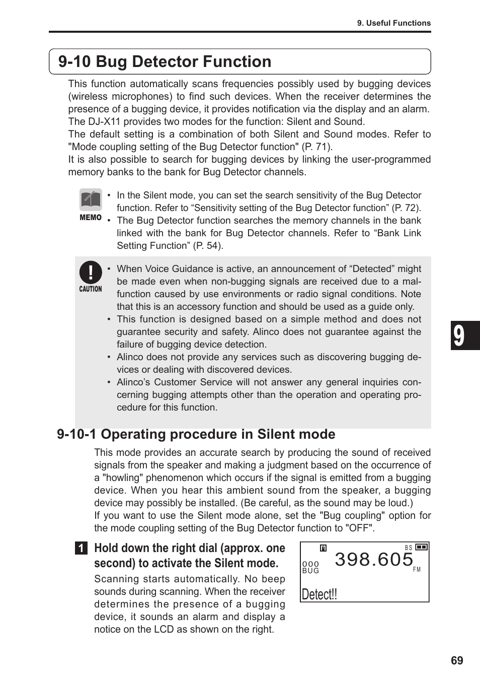 10 bug detector function, Detect, 10-1 operating procedure in silent mode | Alinco DJ-X11 User Manual | Page 69 / 113