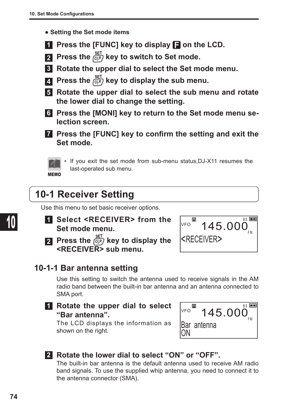 1 receiver setting, Receiver, Bar antenna on | 1-1 bar antenna setting | Alinco DJ-X11 User Manual | Page 74 / 113