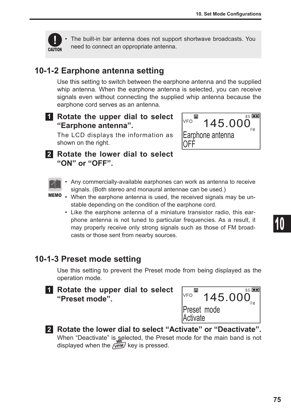 Earphone antenna off, Preset mode activate, 1-2 earphone antenna setting | 1-3 preset mode setting | Alinco DJ-X11 User Manual | Page 75 / 113