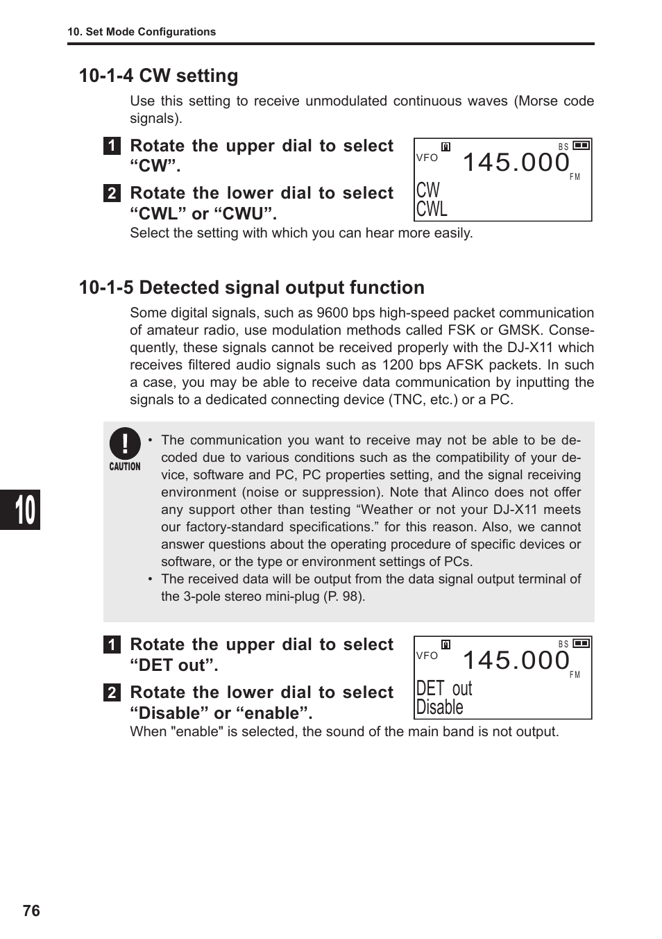 Cw cwl, Det out disable, 1-4 cw setting | 1-5 detected signal output function | Alinco DJ-X11 User Manual | Page 76 / 113