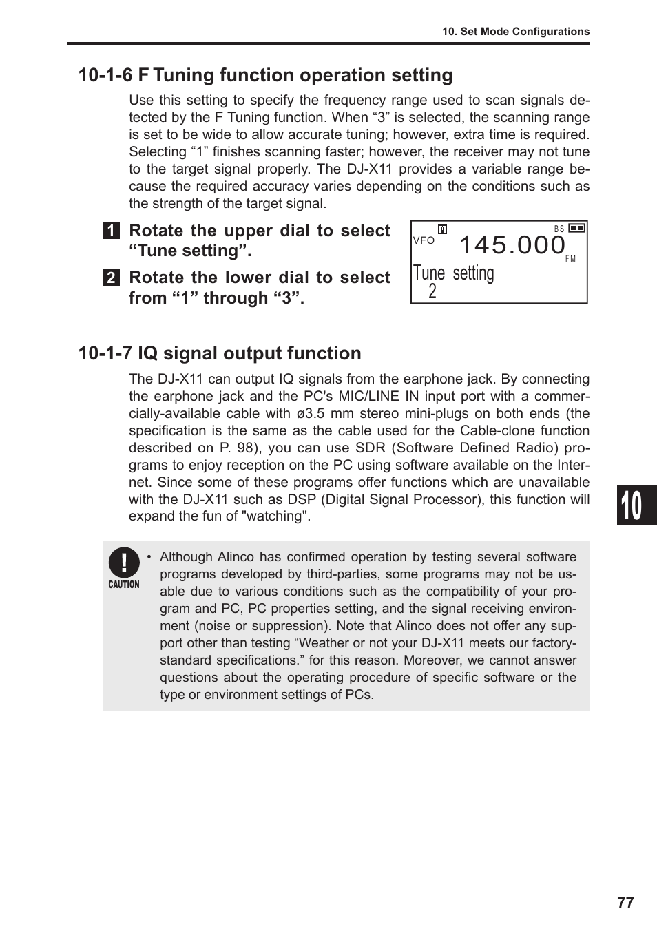 Tune setting 2, 1-6 f tuning function operation setting, 1-7 iq signal output function | Alinco DJ-X11 User Manual | Page 77 / 113