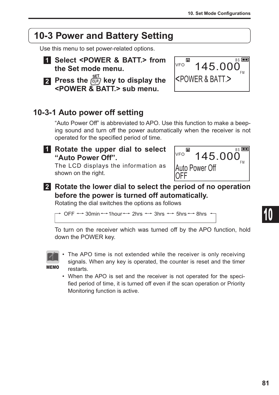 3 power and battery setting, Power & batt, Auto power off off | 3-1 auto power off setting | Alinco DJ-X11 User Manual | Page 81 / 113
