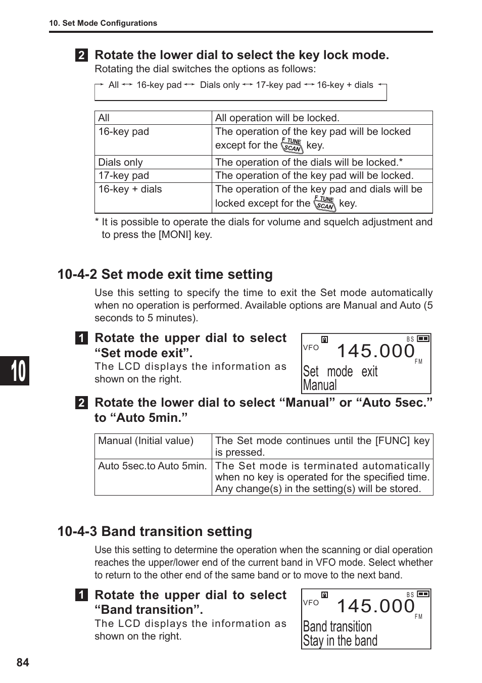 Set mode exit manual, Band transition stay in the band, 4-2 set mode exit time setting | 4-3 band transition setting | Alinco DJ-X11 User Manual | Page 84 / 113