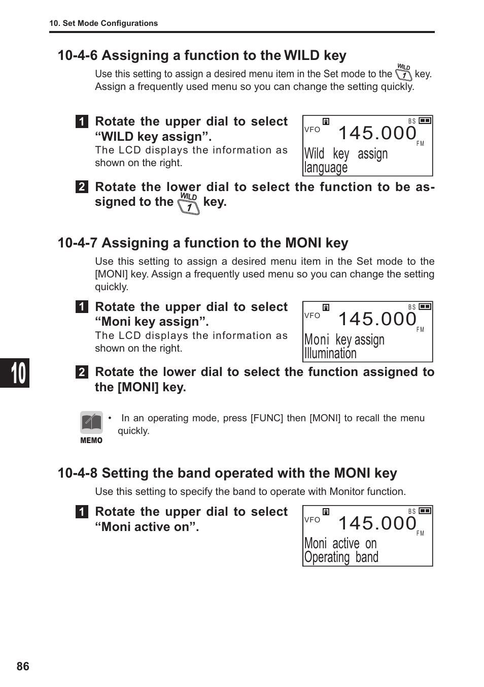 Wild key assign language, Moni key assign illumination, Moni active on operating band | 4-6 assigning a function to the wild key, 4-7 assigning a function to the moni key, 4-8 setting the band operated with the moni key | Alinco DJ-X11 User Manual | Page 86 / 113