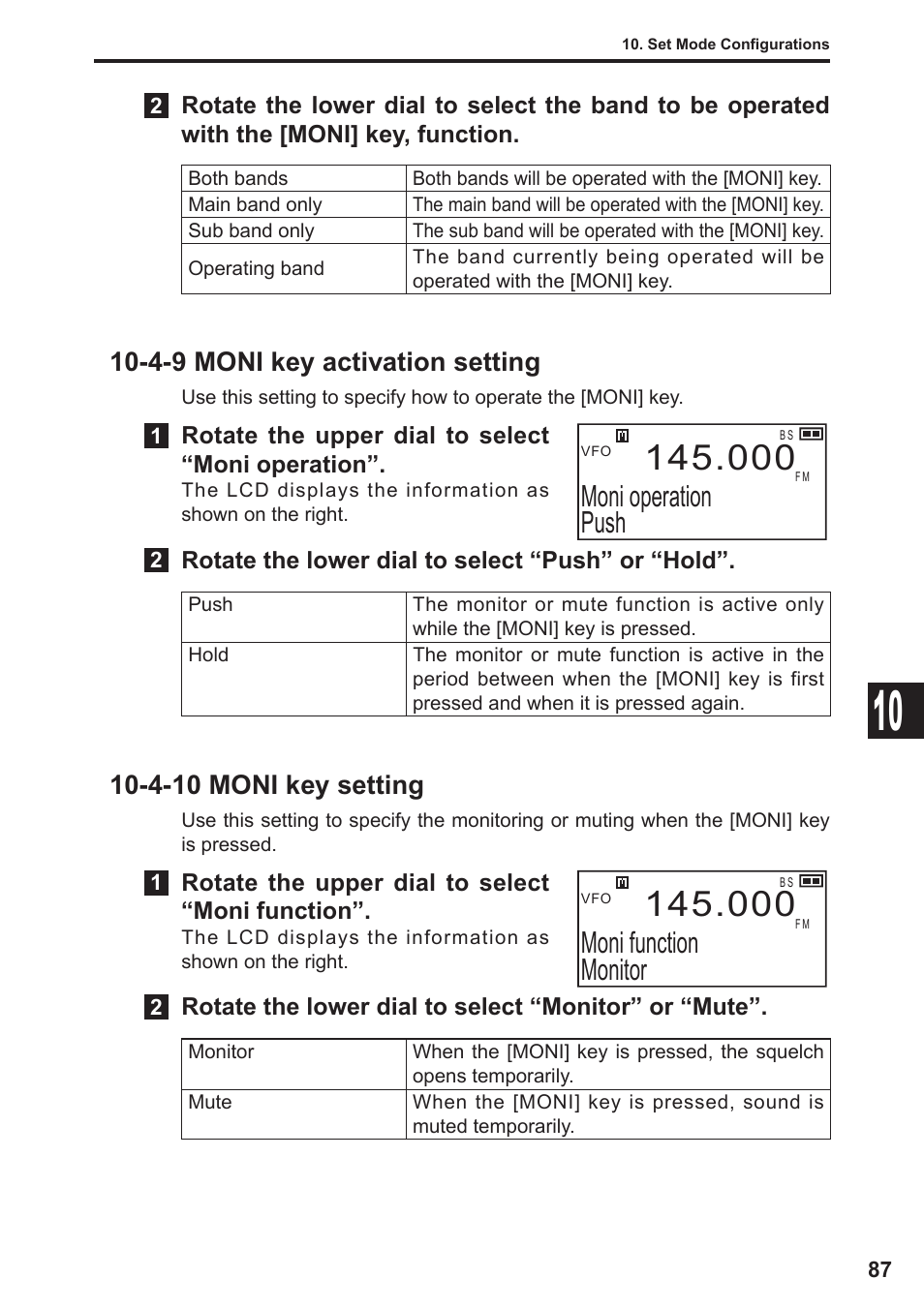 Moni operation push, Moni function monitor, 4-9 moni key activation setting | 4-10 moni key setting | Alinco DJ-X11 User Manual | Page 87 / 113