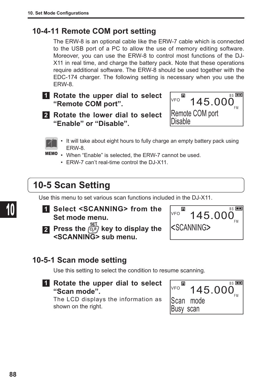 5 scan setting, Remote com port disable, Scanning | Scan mode busy scan, 4-11 remote com port setting, 5-1 scan mode setting | Alinco DJ-X11 User Manual | Page 88 / 113