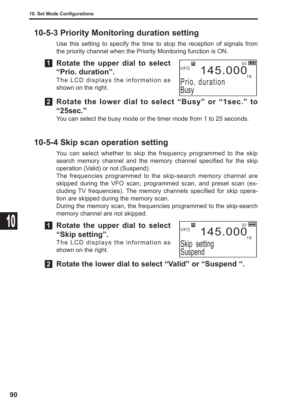 Prio. duration busy, Skip setting suspend, 5-3 priority monitoring duration setting | 5-4 skip scan operation setting | Alinco DJ-X11 User Manual | Page 90 / 113