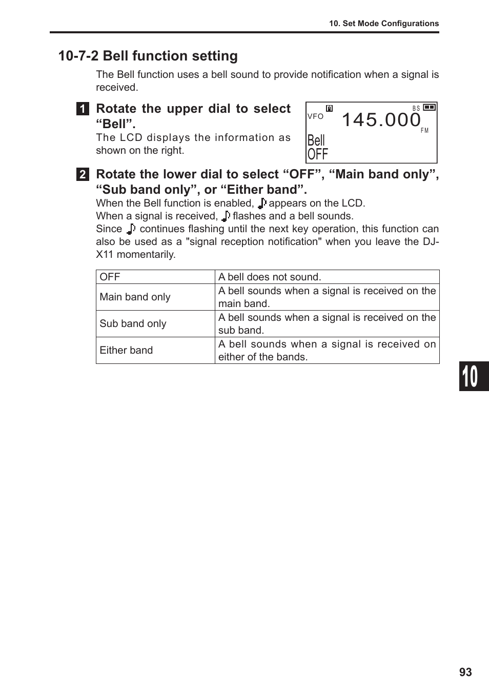 Bell off, 7-2 bell function setting | Alinco DJ-X11 User Manual | Page 93 / 113