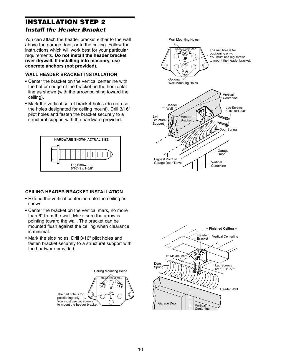 Install the header bracket, Installation step 2 | Chamberlain 2500 User Manual | Page 10 / 36