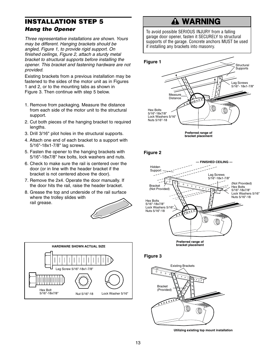 Hang the opener, Warning caution warning warning, Installation step 5 | Chamberlain 2500 User Manual | Page 13 / 36