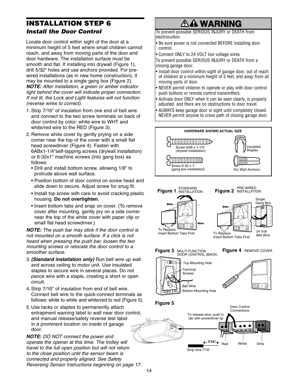 Install the door control, Warning caution warning warning, Installation step 6 | Chamberlain 2500 User Manual | Page 14 / 36