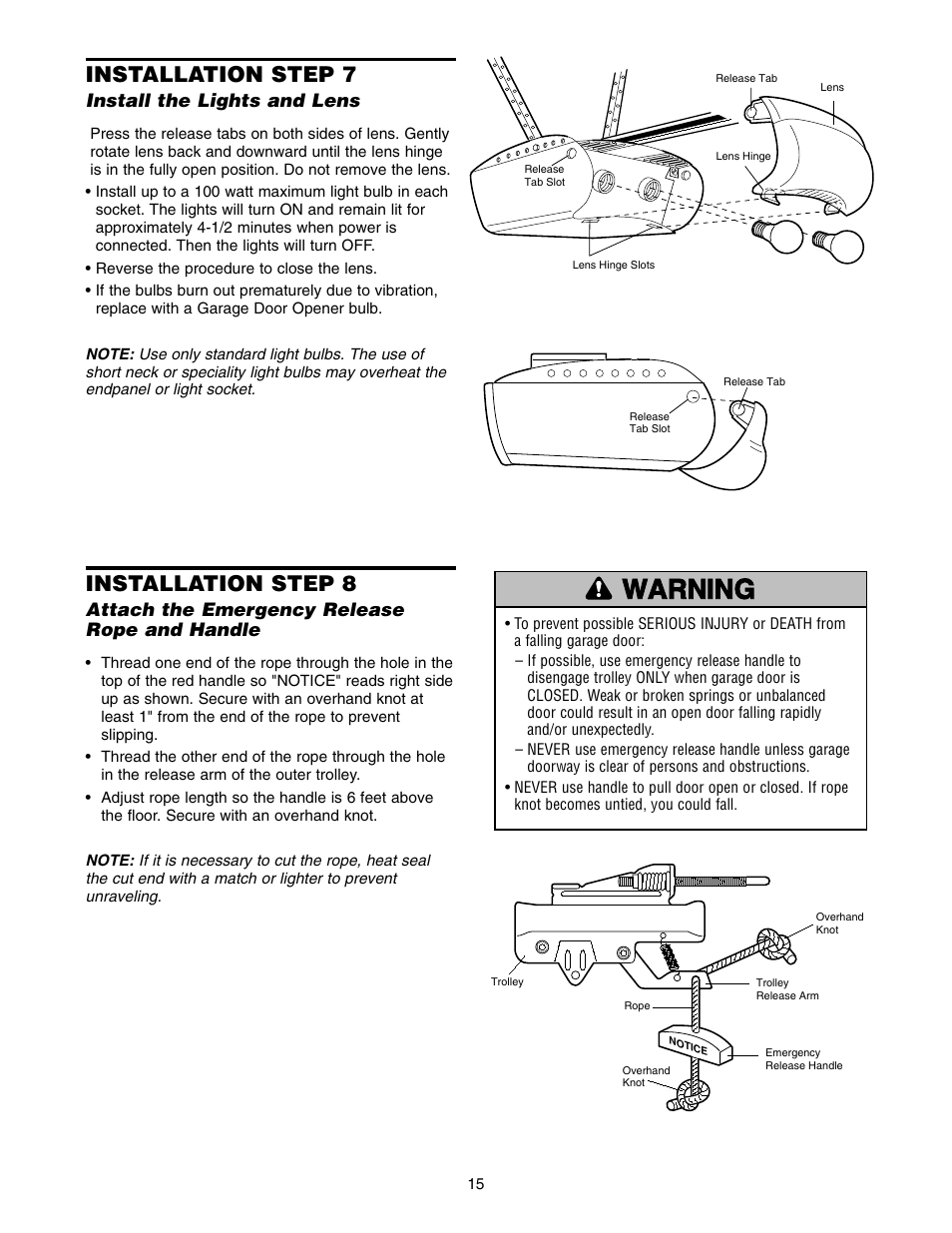 Install the lights and lens, Attach the emergency release rope and handle, Warning caution warning warning | Installation step 7, Installation step 8 | Chamberlain 2500 User Manual | Page 15 / 36