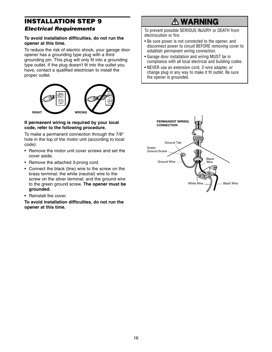 Electrical requirements, Warning caution warning warning, Installation step 9 | Chamberlain 2500 User Manual | Page 16 / 36