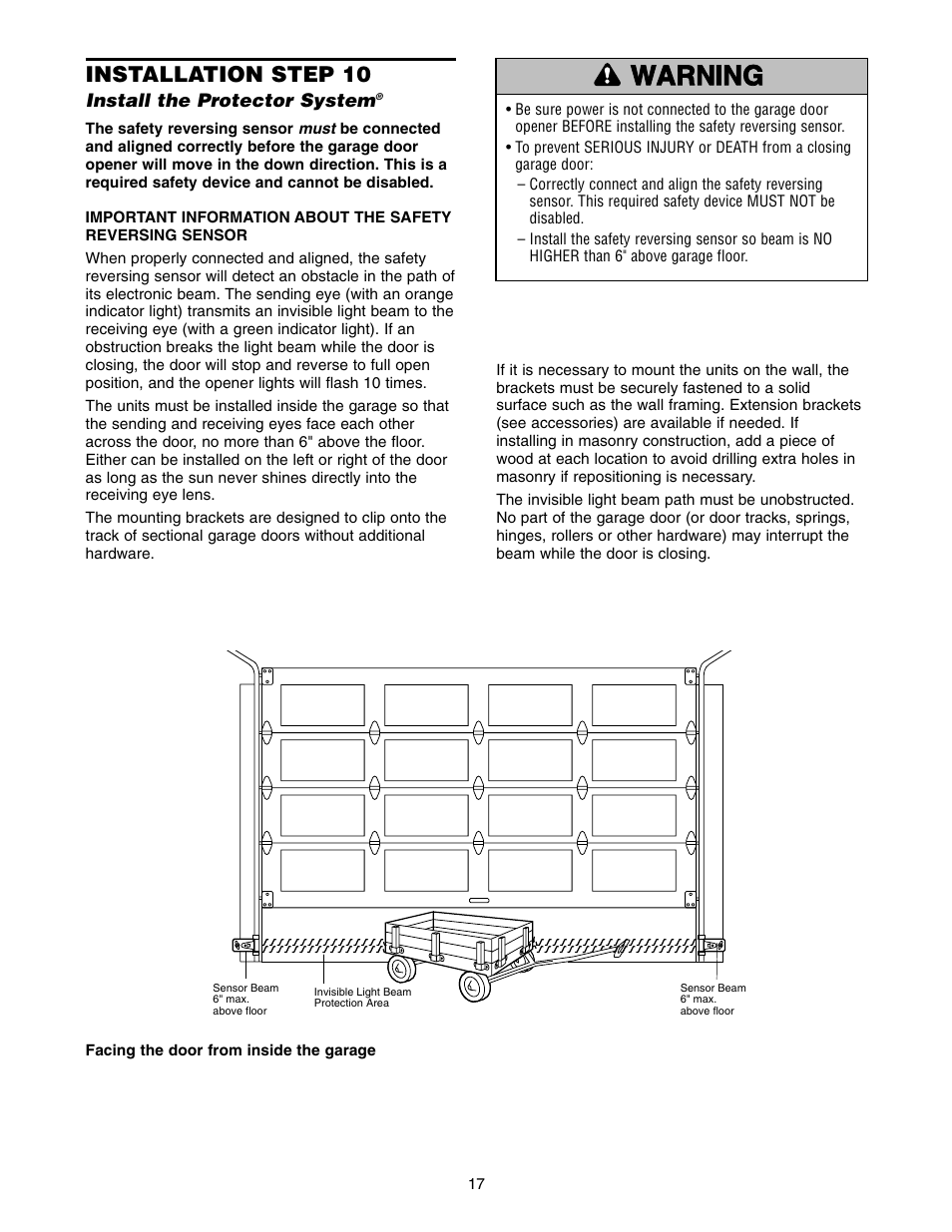 Install the protector system, Warning caution warning warning, Installation step 10 | Chamberlain 2500 User Manual | Page 17 / 36