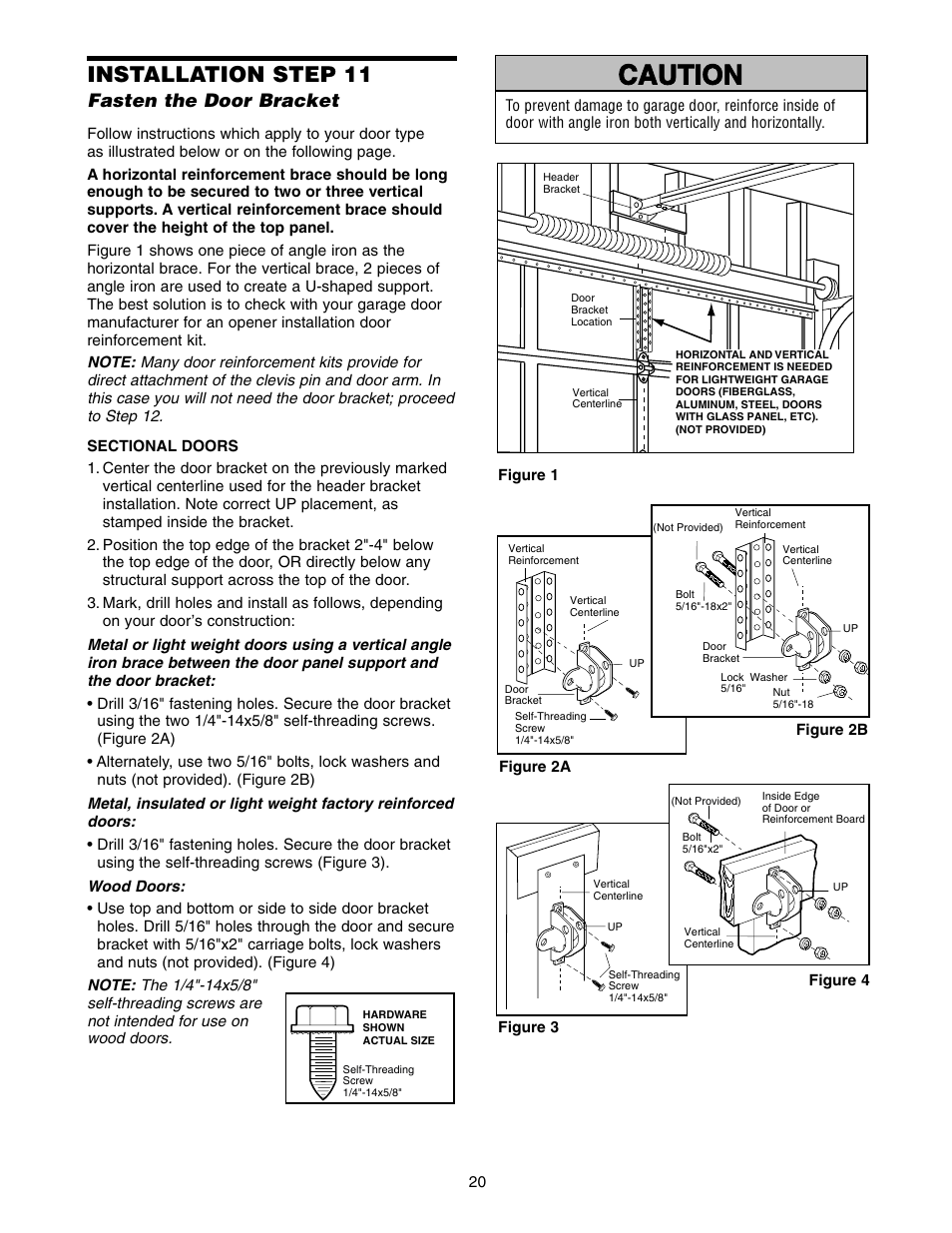 Fasten the door bracket, Warning caution warning warning, Installation step 11 | Chamberlain 2500 User Manual | Page 20 / 36