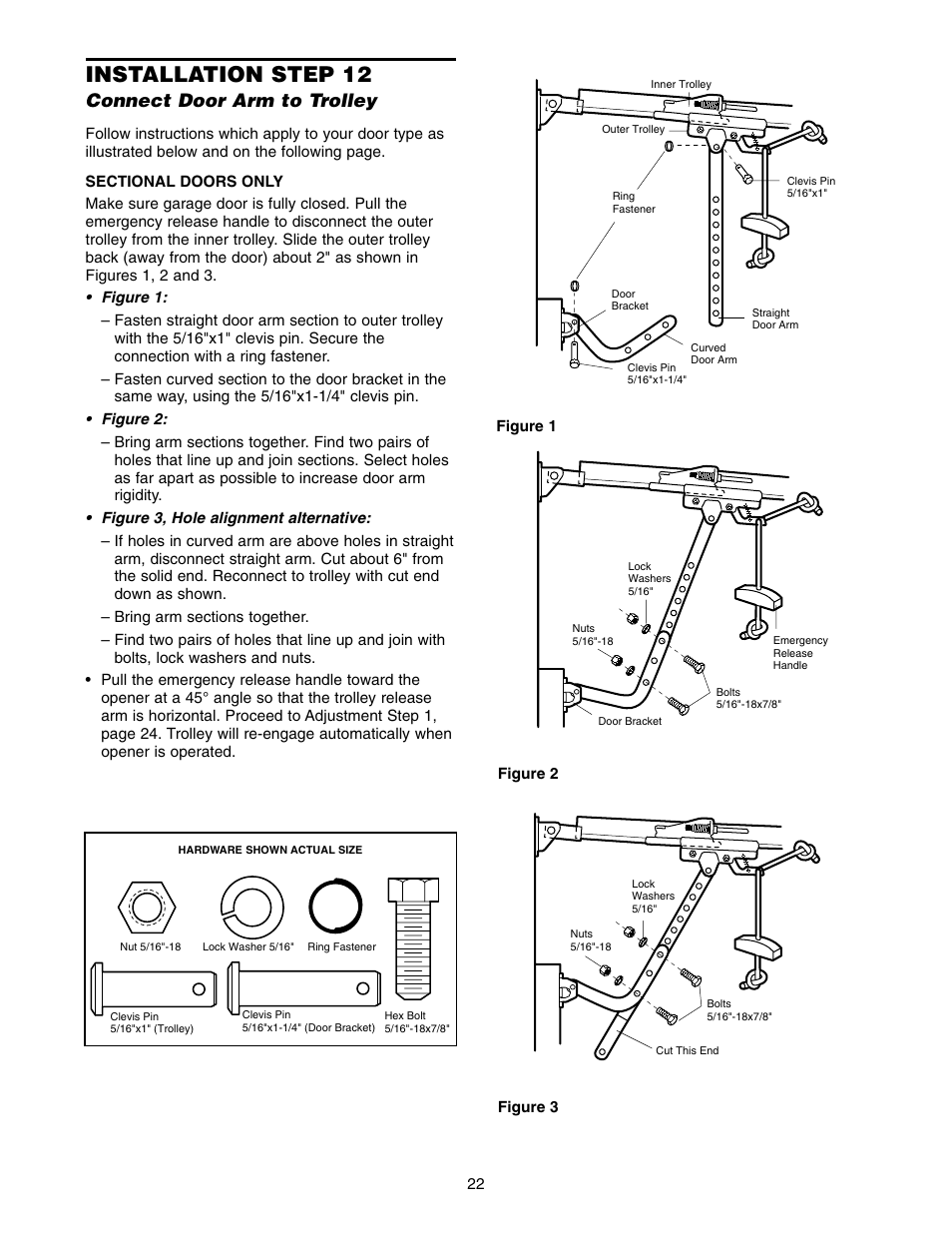 Connect door arm to trolley, Installation step 12 | Chamberlain 2500 User Manual | Page 22 / 36