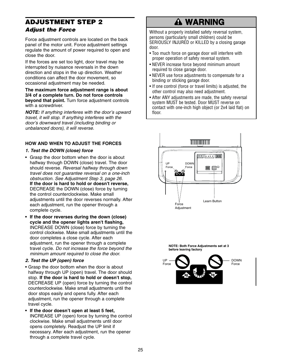 Adjust the force, Warning caution warning warning, Adjustment step 2 | Chamberlain 2500 User Manual | Page 25 / 36