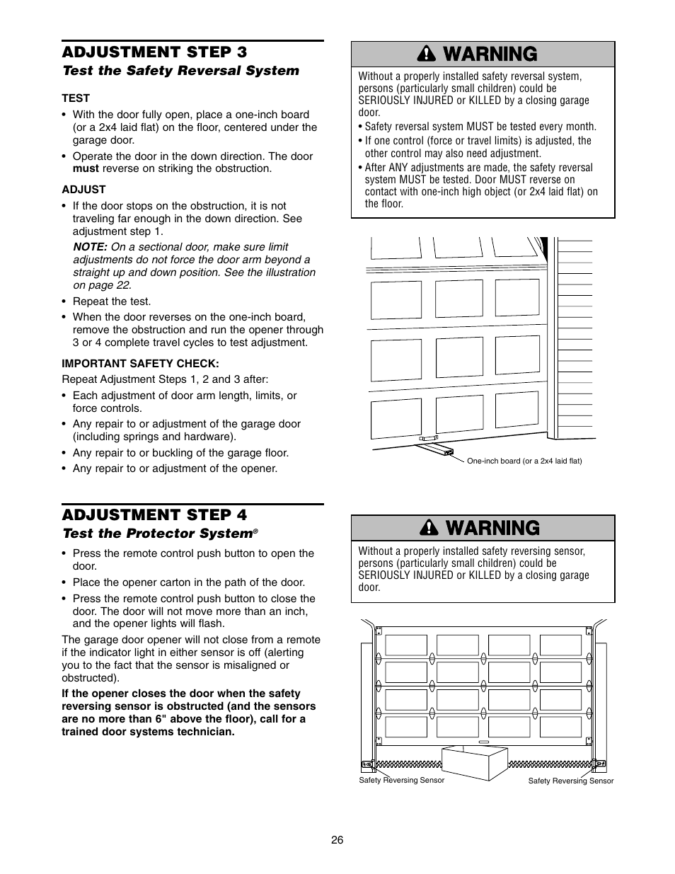 Test the safety reversal system, Test the protector system | Chamberlain 2500 User Manual | Page 26 / 36