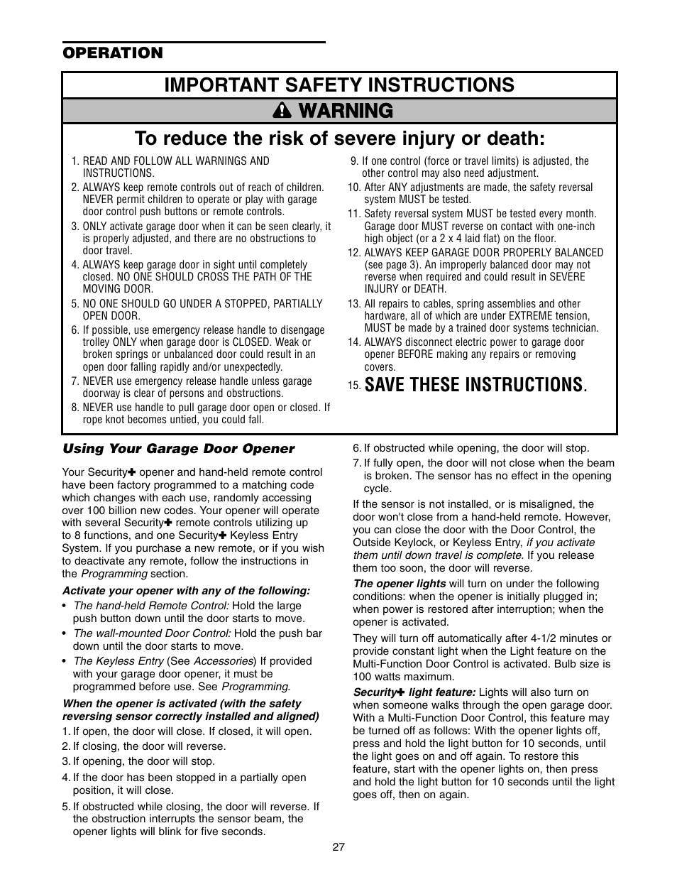 Operation, Using your garage door opener, Save these instructions | Chamberlain 2500 User Manual | Page 27 / 36