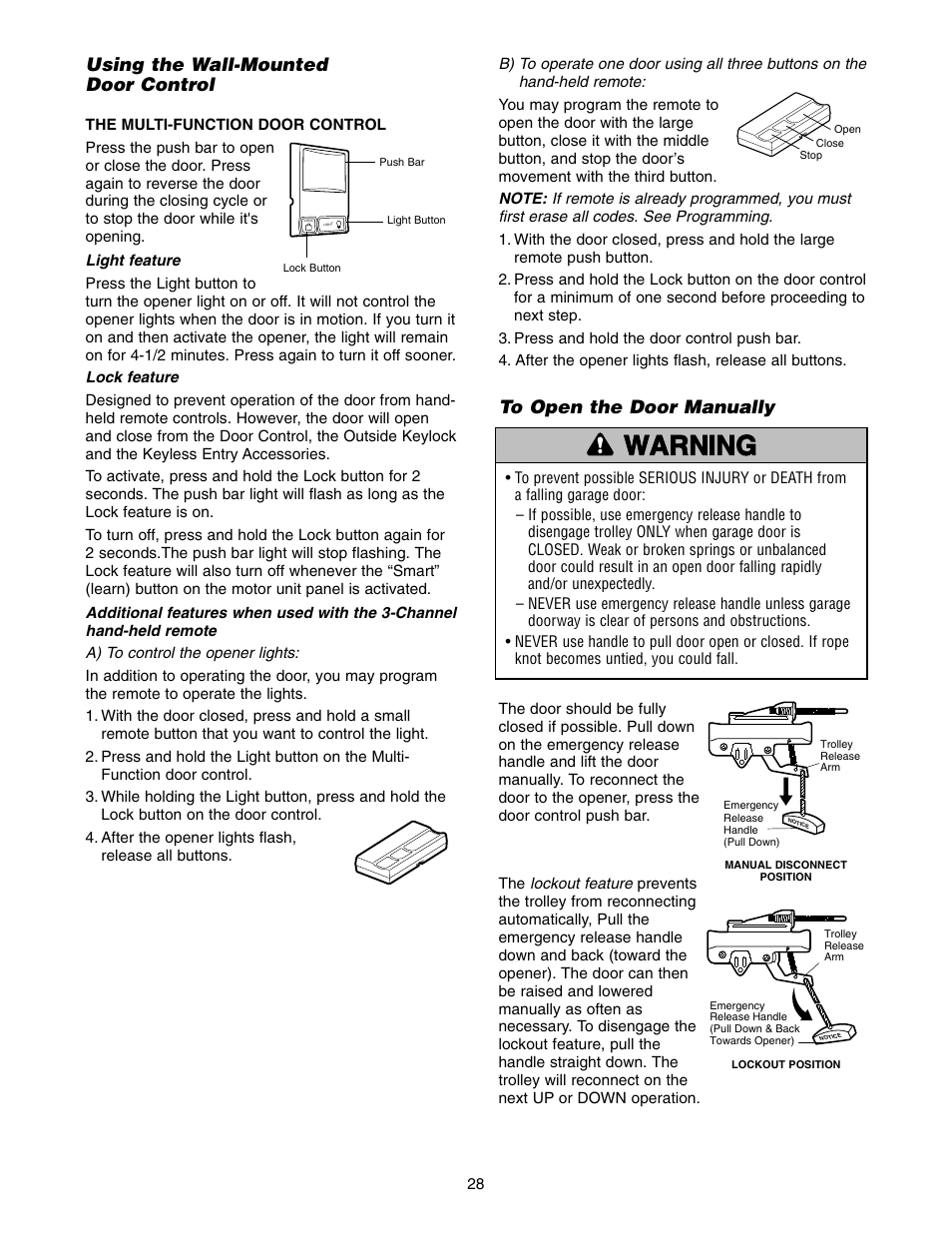 Using the wall-mounted door control, To open the door manually | Chamberlain 2500 User Manual | Page 28 / 36