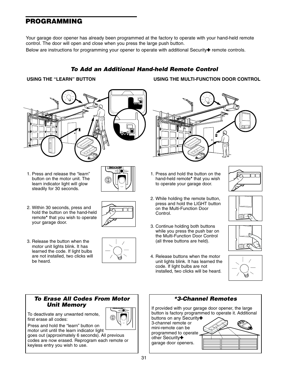 Programming, To add an additional hand-held remote control, Channel remotes | Security | Chamberlain 2500 User Manual | Page 31 / 36