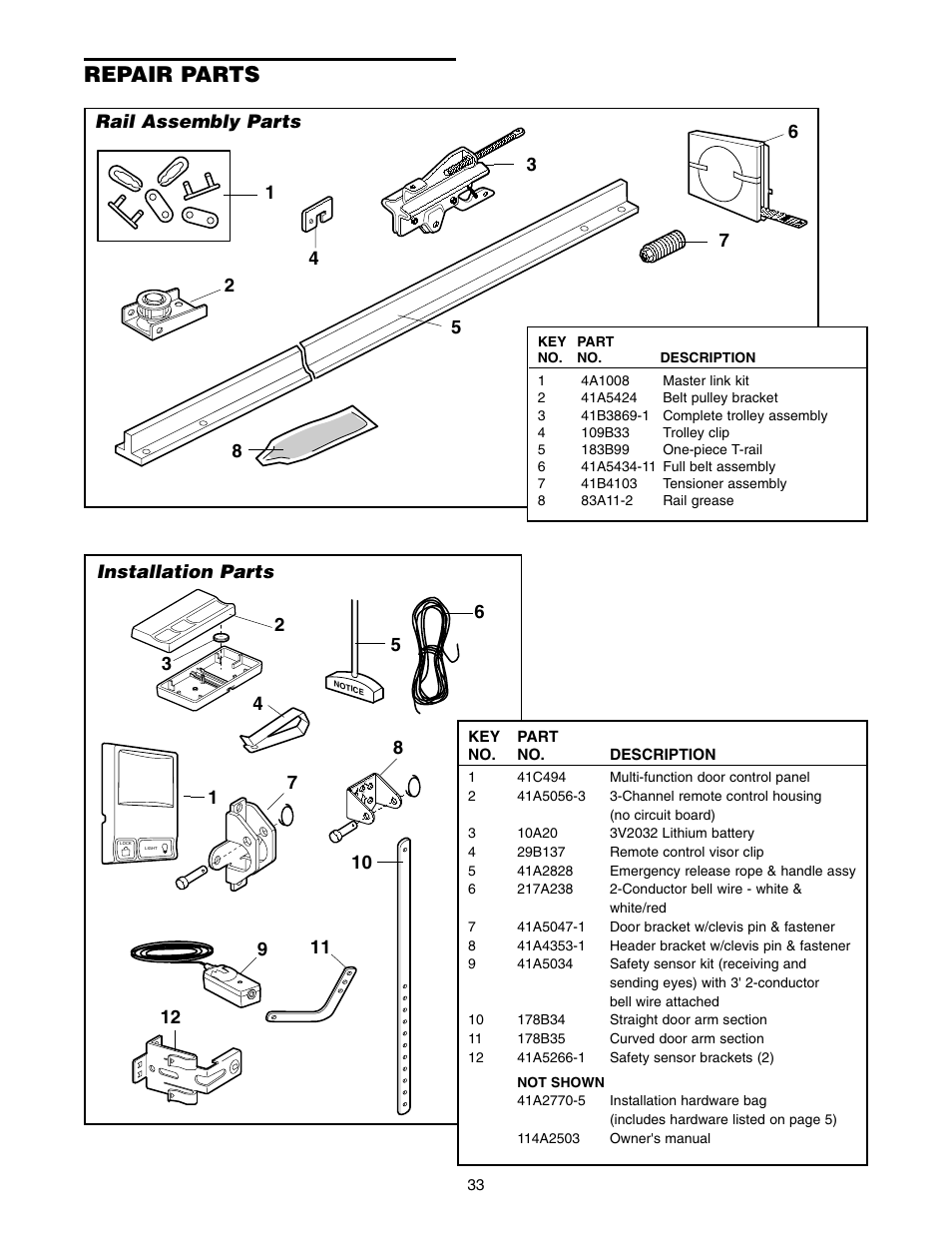 Repair parts, Rail assembly parts, Installation parts | Chamberlain 2500 User Manual | Page 33 / 36