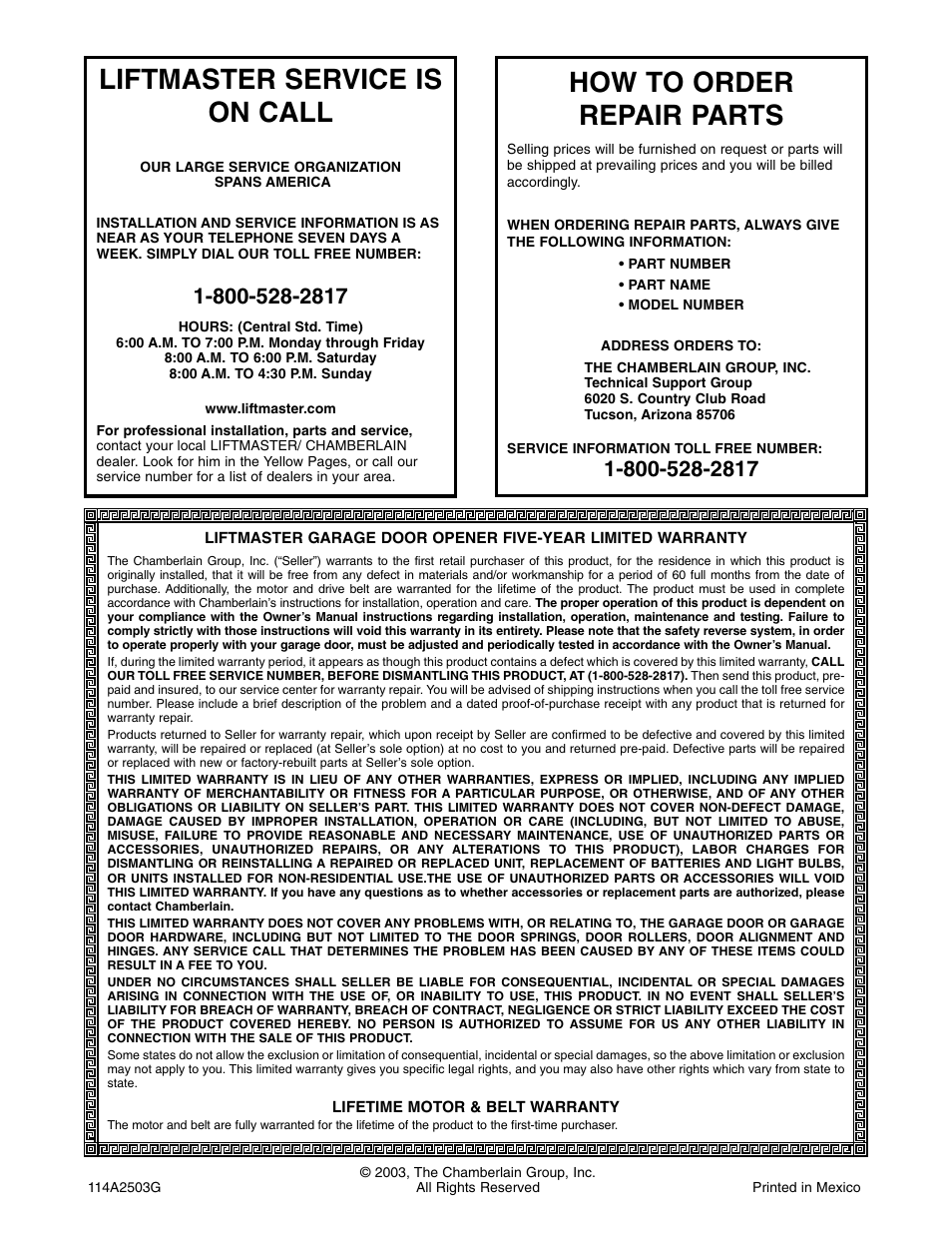 Warranty, Liftmaster service is on call, How to order repair parts | Chamberlain 2500 User Manual | Page 36 / 36