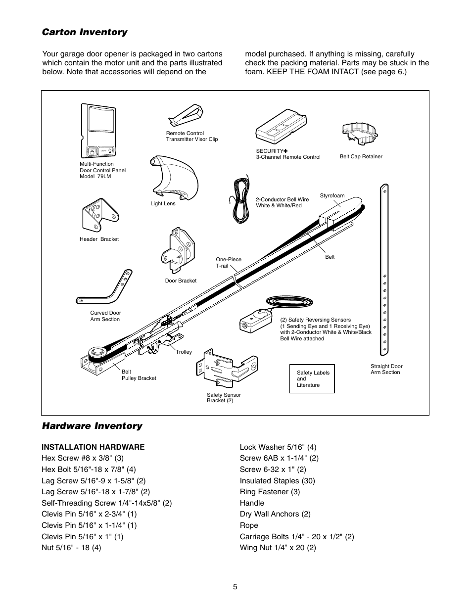 Carton inventory, Hardware inventory, Carton inventory hardware inventory | Chamberlain 2500 User Manual | Page 5 / 36