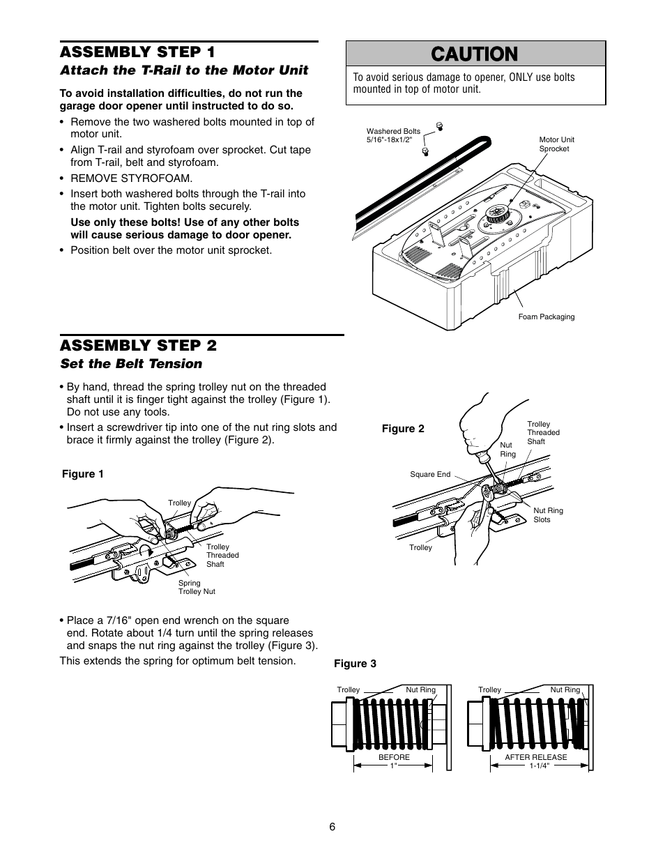 Assembly, Attach the t-rail to the motor unit, Set the belt tension | Warning caution warning warning, Assembly step 1, Assembly step 2 | Chamberlain 2500 User Manual | Page 6 / 36