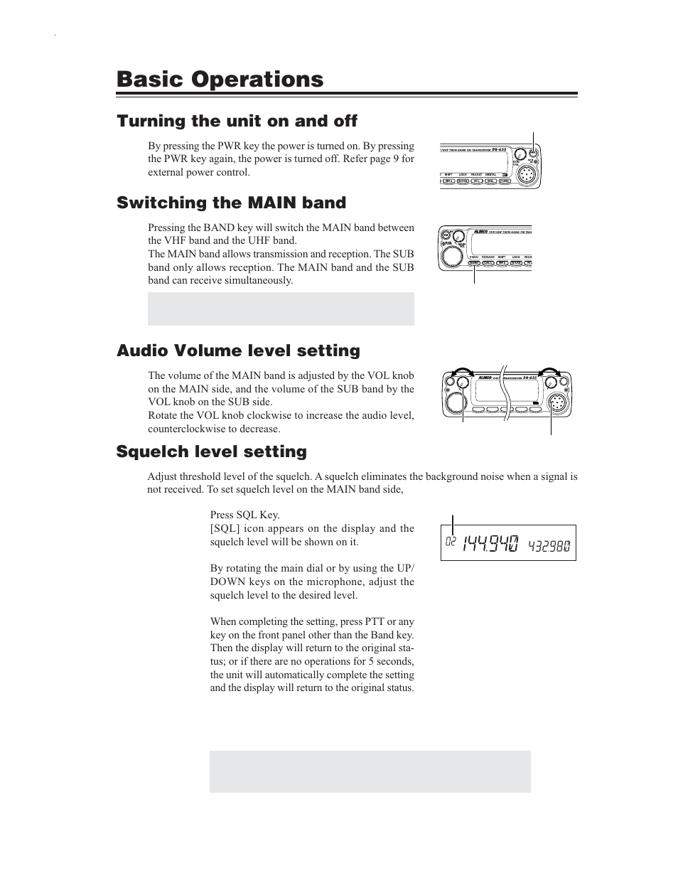 Changing frequency by channel step, Changing frequency by 1 mhz step, Basic operations | Turning the unit on and off, Switching the main band, Audio volume level setting, Squelch level setting, Squelch level setting on the sub band, Squelch level, Volume low high volume | Alinco DR-635 User Manual | Page 17 / 66