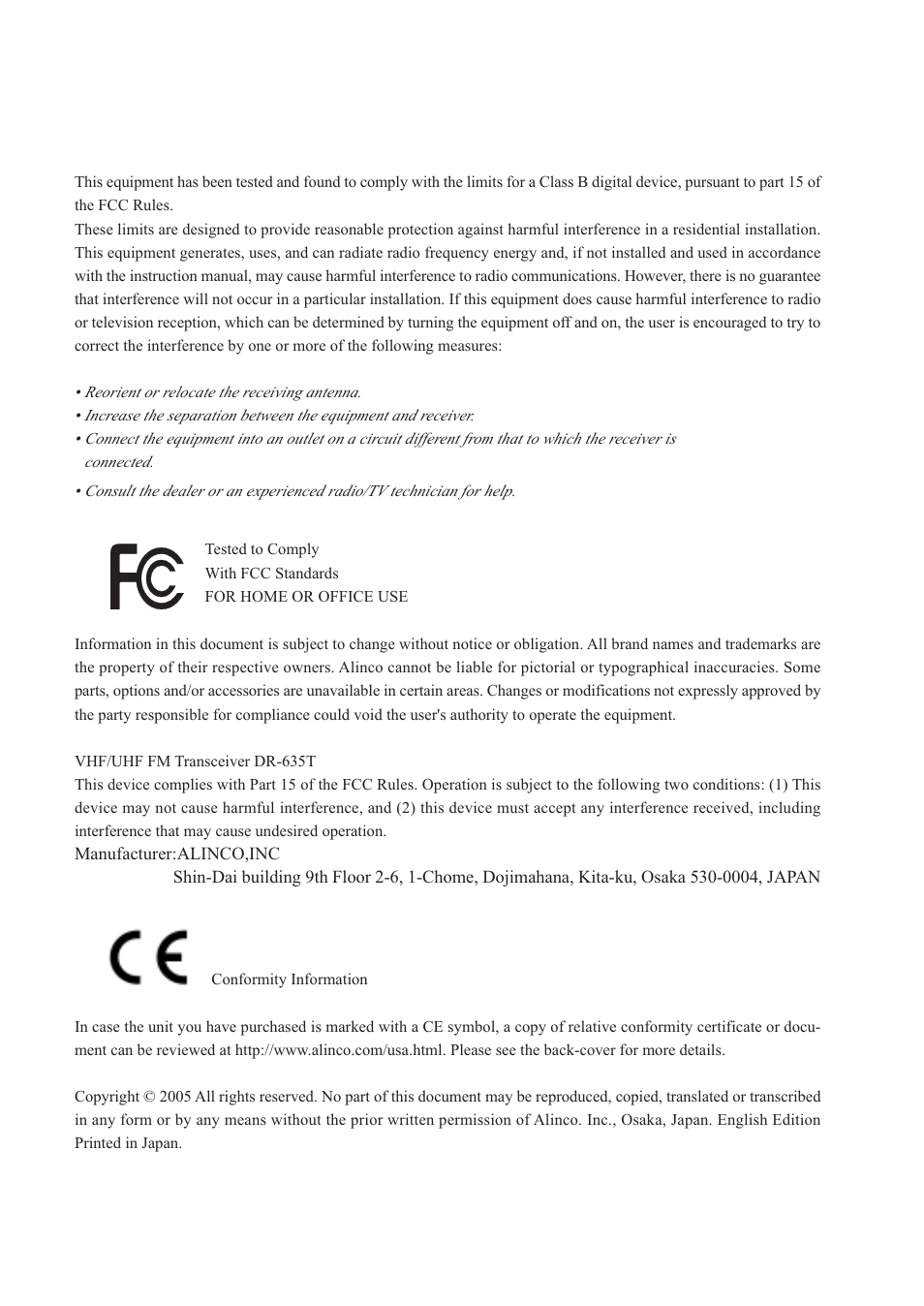 Notice / compliance information statement | Alinco DR-635 User Manual | Page 2 / 66