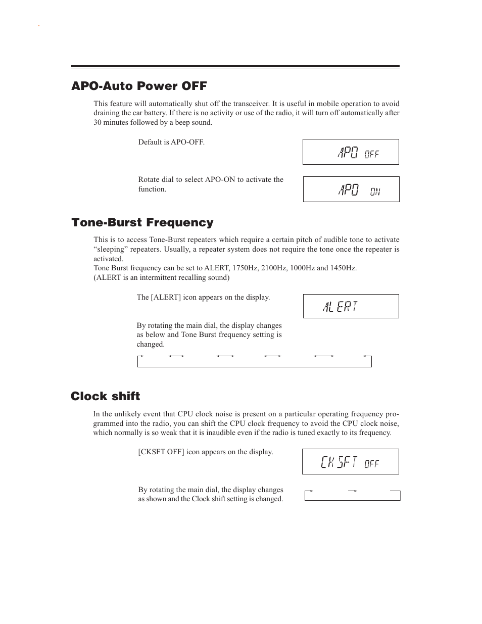 Apo-auto power off, Tone-burst frequency, Clock shift | Alinco DR-635 User Manual | Page 32 / 66