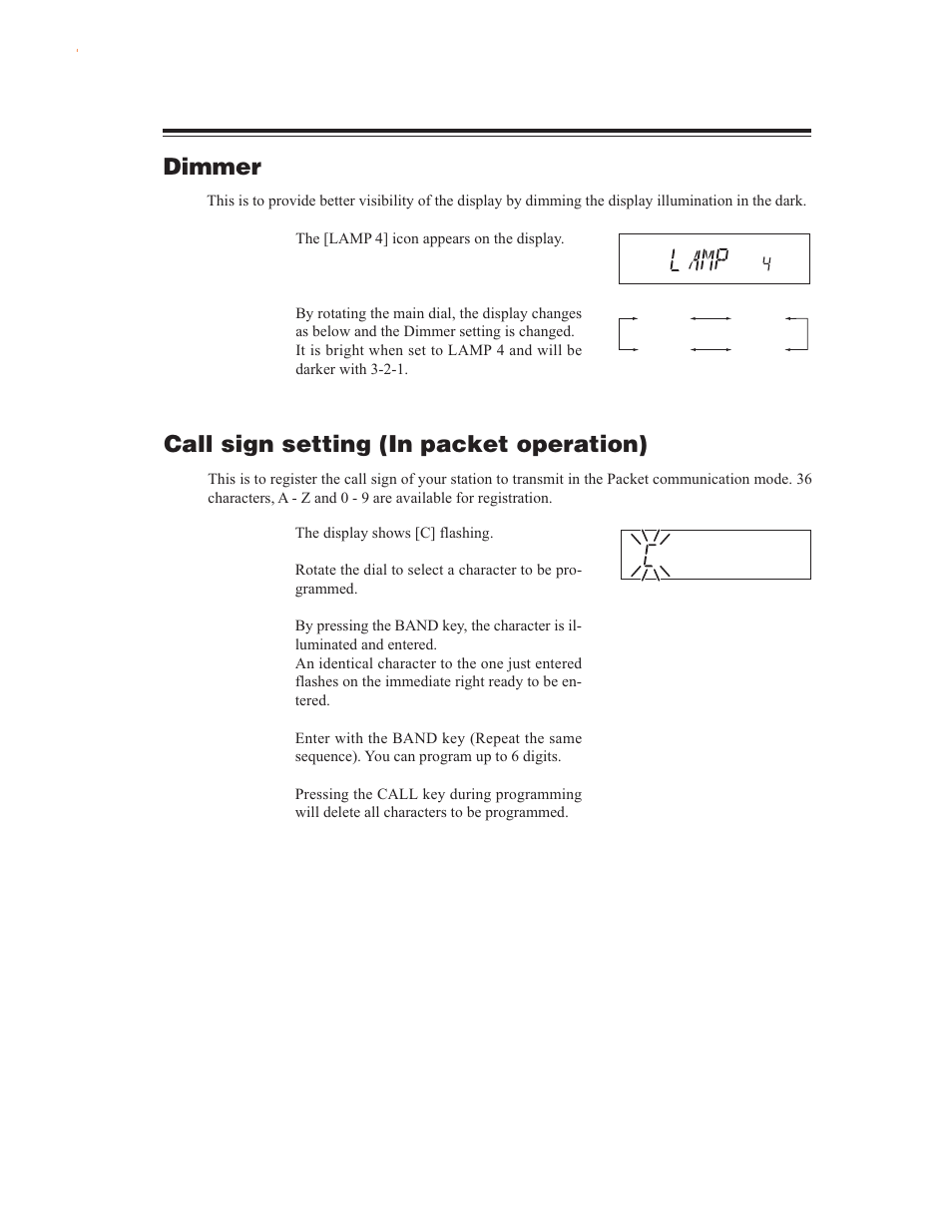 Dimmer, Call sign setting (in packet operation) | Alinco DR-635 User Manual | Page 35 / 66