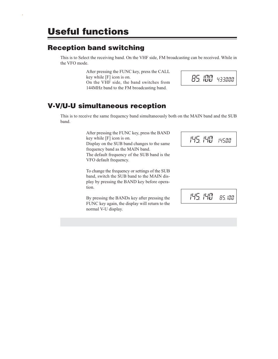 Useful functions, Reception band switching, V-v/u-u simultaneous reception | Alinco DR-635 User Manual | Page 37 / 66