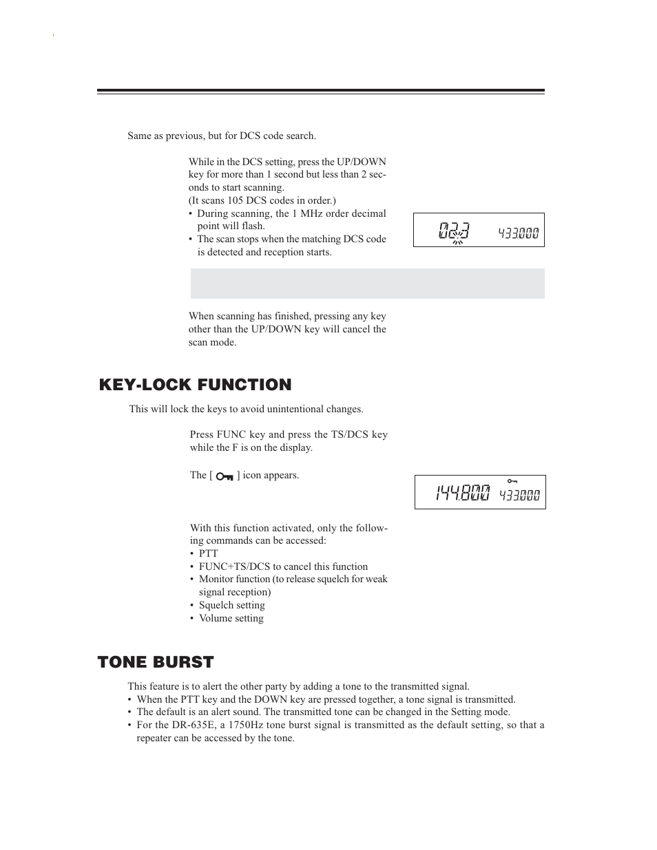 Key-lock function, Tone burst | Alinco DR-635 User Manual | Page 42 / 66