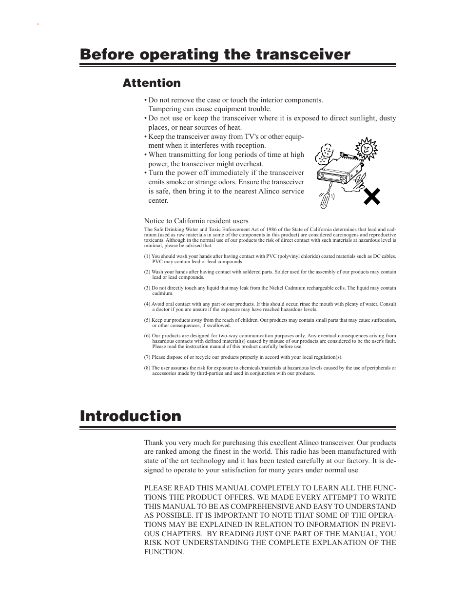 Before operating the transceiver, Attention, New and innovative features | Introduction | Alinco DR-635 User Manual | Page 5 / 66