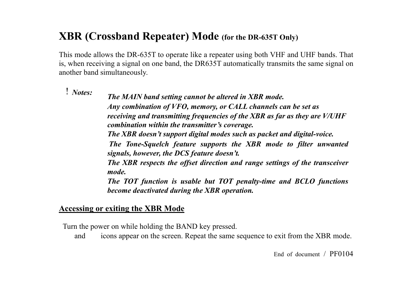 Xbr (crossband repeater) mode | Alinco DR-635 User Manual | Page 65 / 66