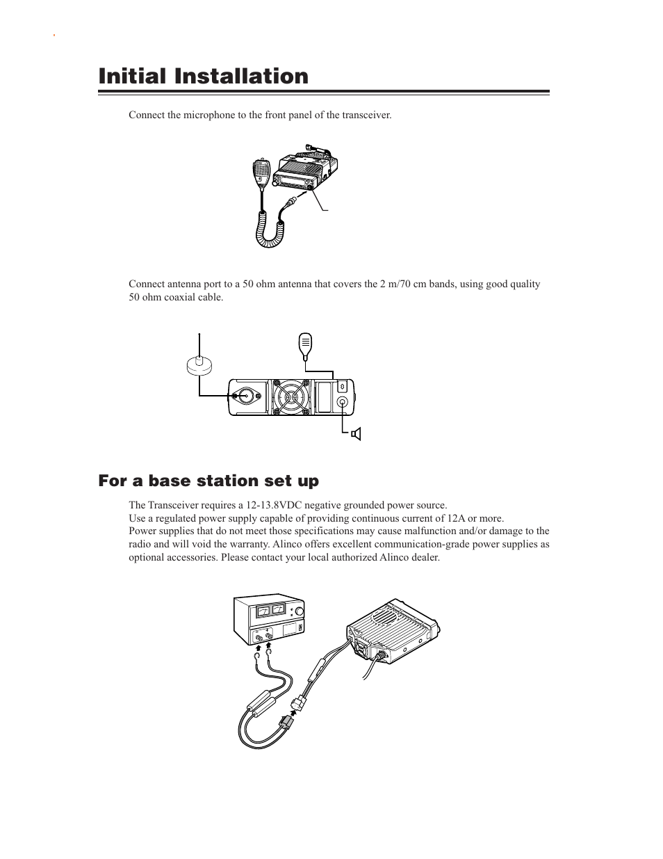 For a base station set up, Initial installation | Alinco DR-635 User Manual | Page 8 / 66