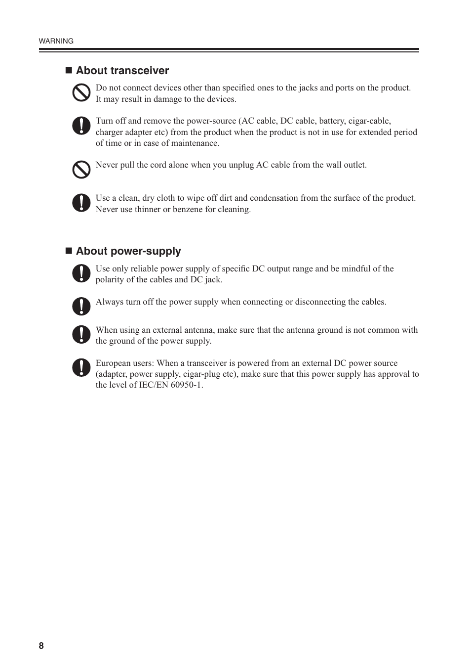 About transceiver, About power-supply | Alinco DR-SR8 User Manual | Page 10 / 97