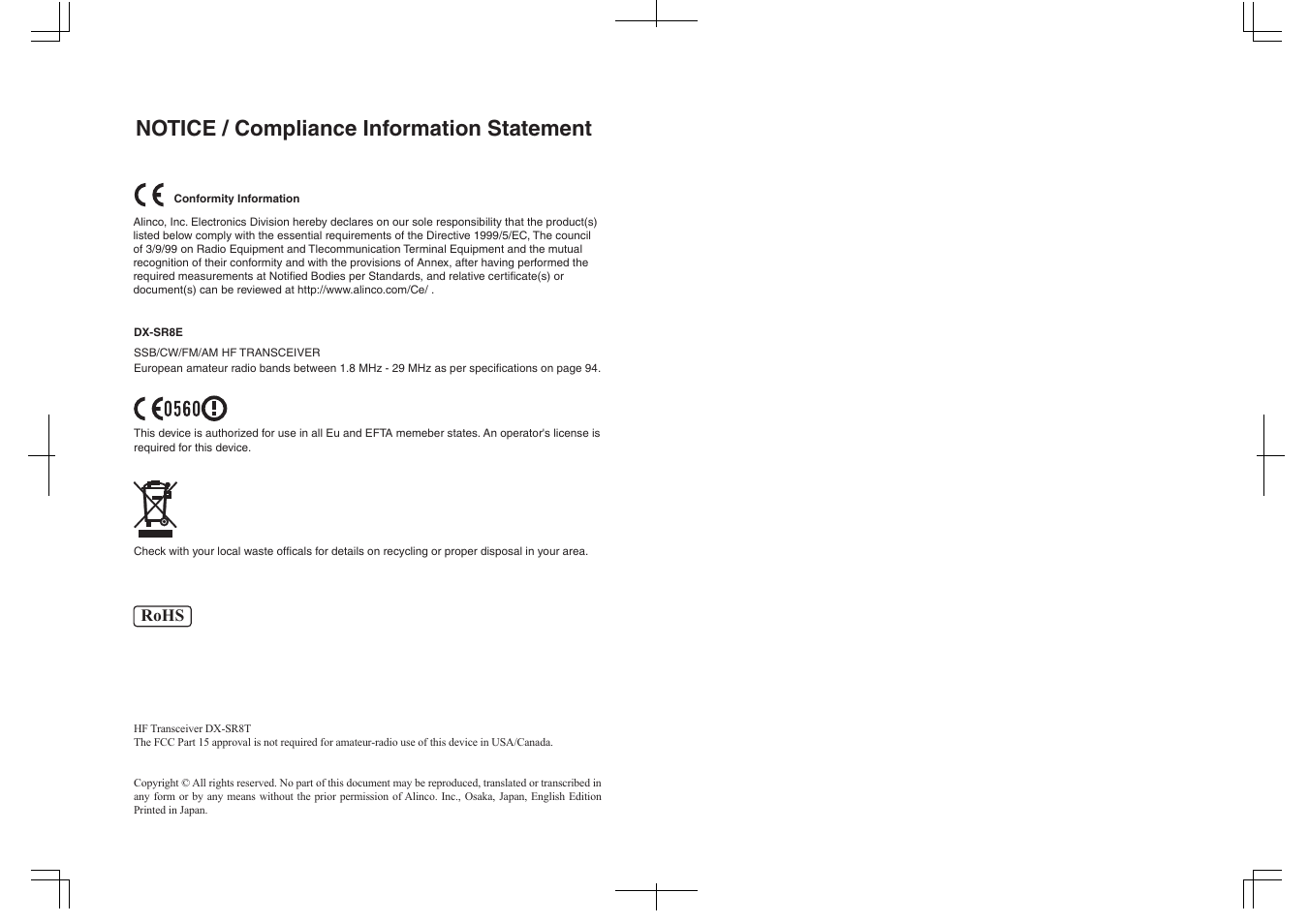Notice / compliance information statement, Rohs | Alinco DR-SR8 User Manual | Page 2 / 97
