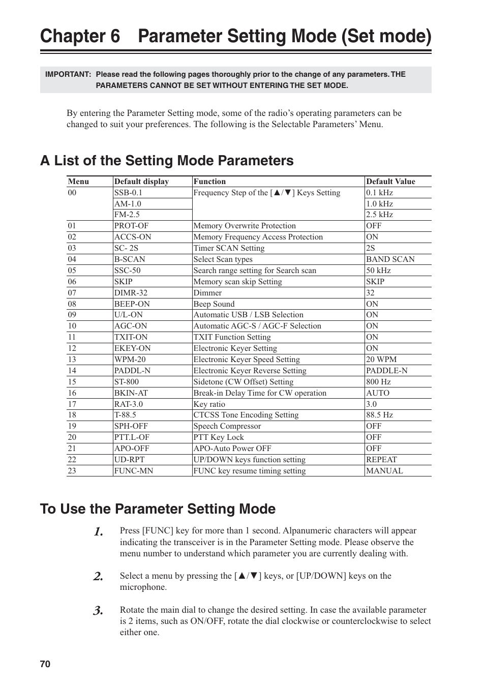 Chapter 6 parameter setting mode (set mode), A list of the setting mode parameters | Alinco DR-SR8 User Manual | Page 72 / 97