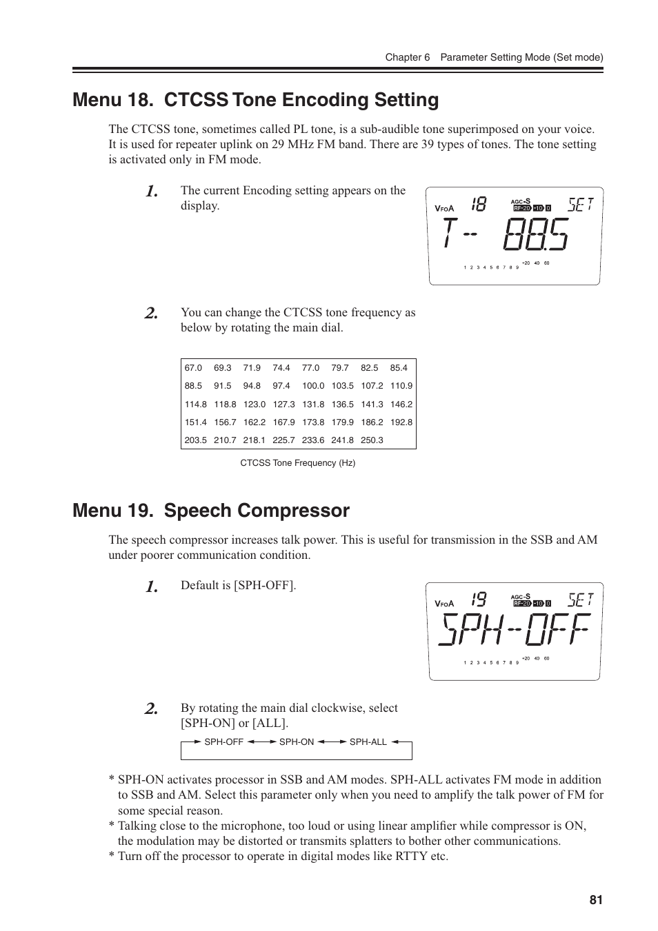 Menu 18. ctcss tone encoding setting, Menu 19. speech compressor | Alinco DR-SR8 User Manual | Page 83 / 97