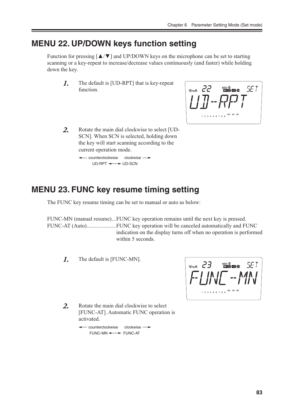 Menu 22. up/down keys function setting, Menu 23. func key resume timing setting | Alinco DR-SR8 User Manual | Page 85 / 97