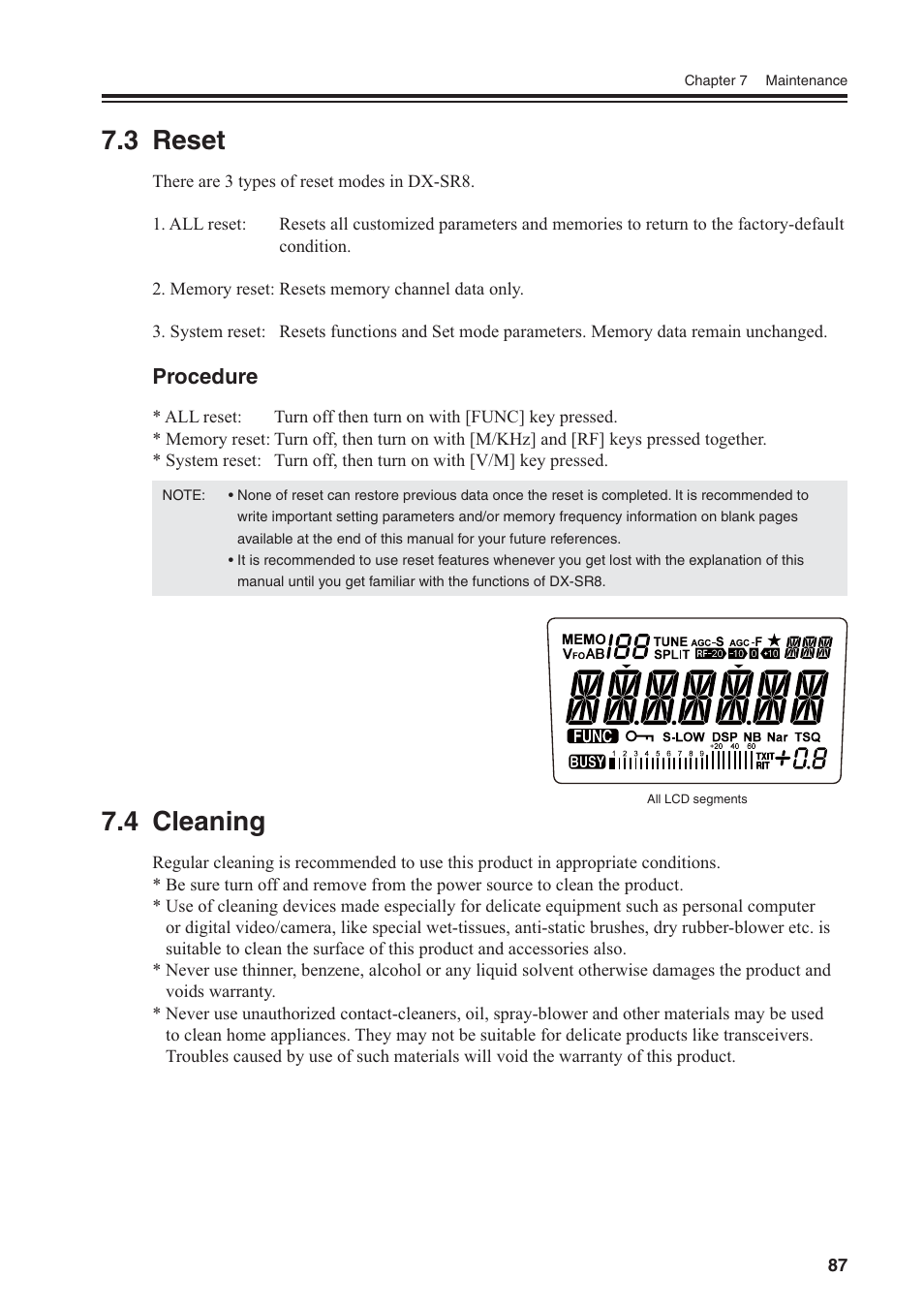 3 reset, 4 cleaning, Procedure | Alinco DR-SR8 User Manual | Page 89 / 97