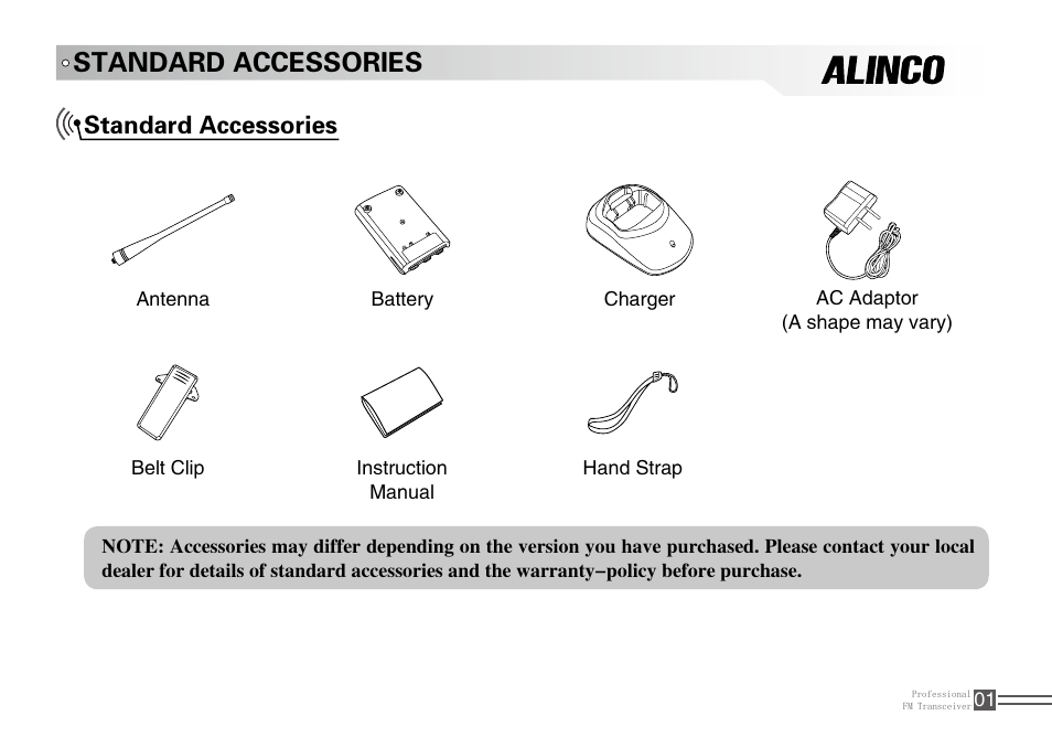 Standard accessories | Alinco DJ-100 User Manual | Page 18 / 78